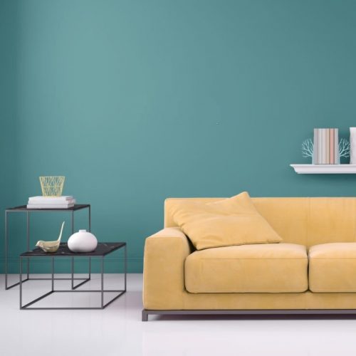 Interior scene with pastel colored sofa with colorful pillows, blank wall for copy space. Modern interior template for copy space. shelf with decoration,  coffee table with  vase. designer copy space template